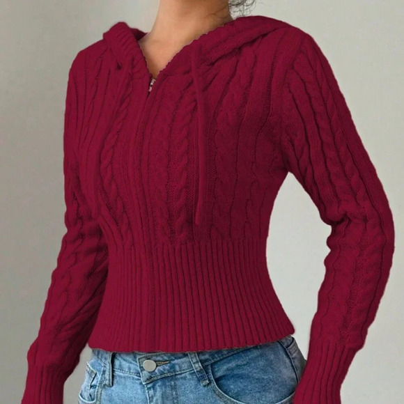 Red Casual Women's Plain Zippered Hooded Drawstring Cardigan - Picture 5 of 5